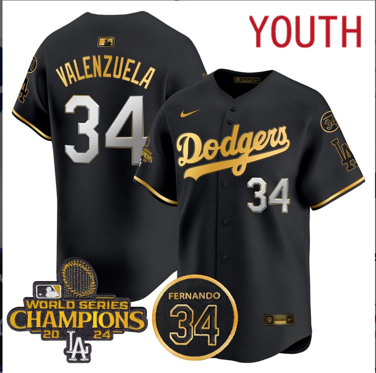 Youth MLB Los Angeles Dodgers #34 Valenzuela black 2024 World Series Champions Patch Limited Jersey